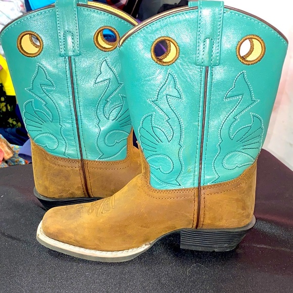 MASTERSON BOOT COMPANY GIRLS SIZE 3.5 LEATHER COWGIRL BOOTS TEAL UPPER EUC CLEAN - Picture 1 of 12